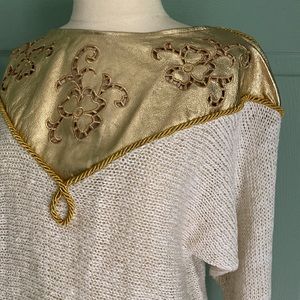 VINTAGE 80s genuine leather & golden sparkle knit dolman sweater Made in Italy